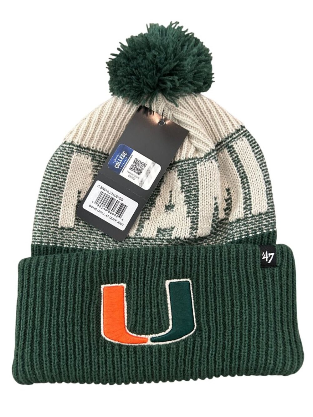 NWT Miami Hurricanes Bone Chill 47 Brand Cuffed Knit Beanie With Pom
